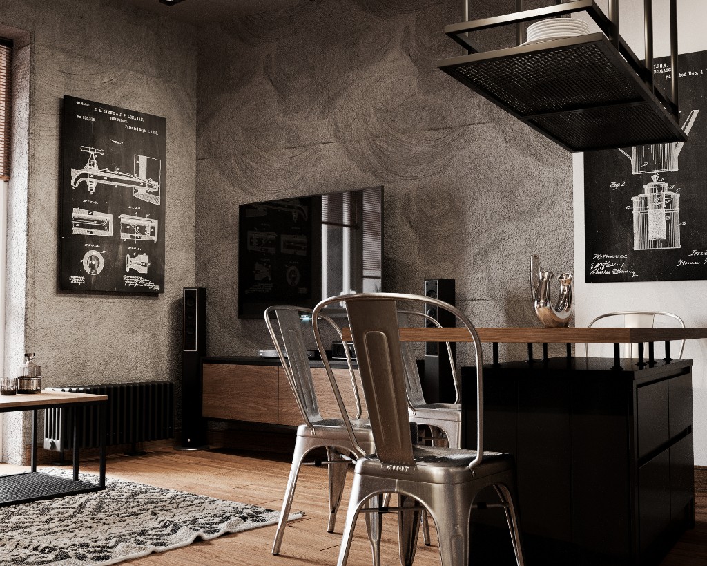 Brick Soft — loft living and dining with textured plaster