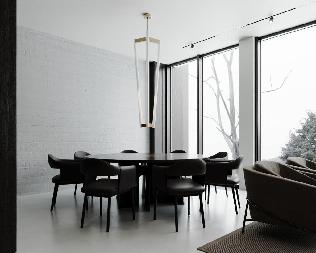 Clear Protocol — round meeting table and sculptural pendant