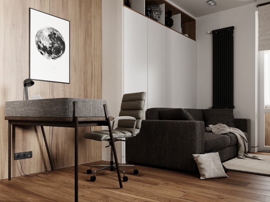 Copper Soft — home office and lounge with wood paneling