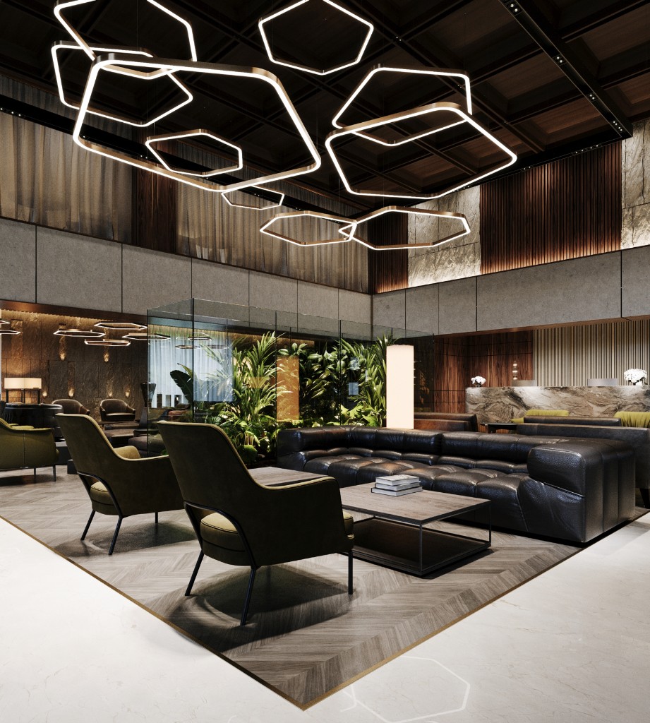 Hex Host — leather lounge and indoor garden under hex lights