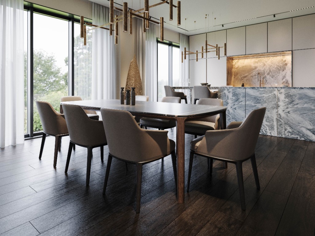 Moon Vein — dining table toward marble kitchen island