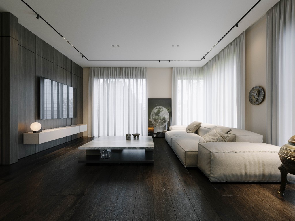 Moon Vein — living room with dark timber media wall