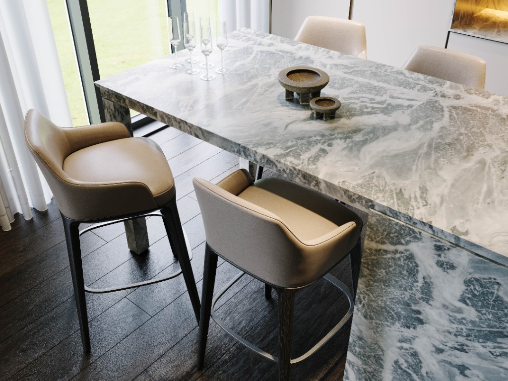 Moon Vein — marble island breakfast bar and leather stools