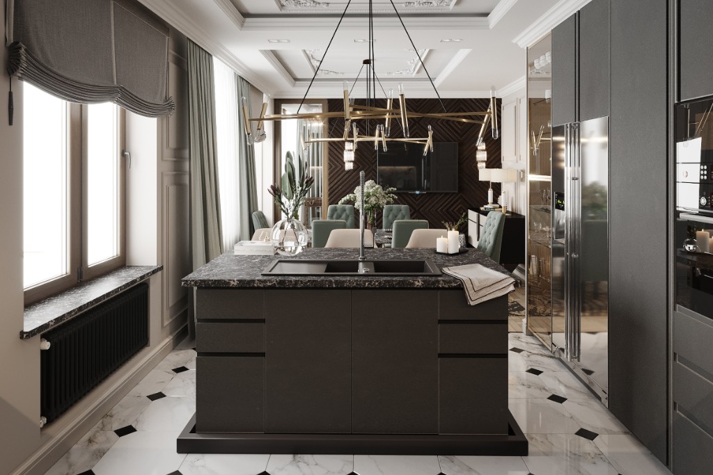 Noir Cabochon — open-plan kitchen and dining