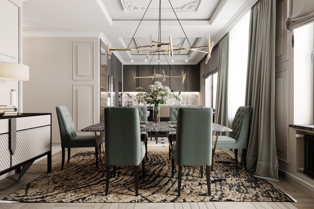 Noir Cabochon — marble dining table and gold chandelier