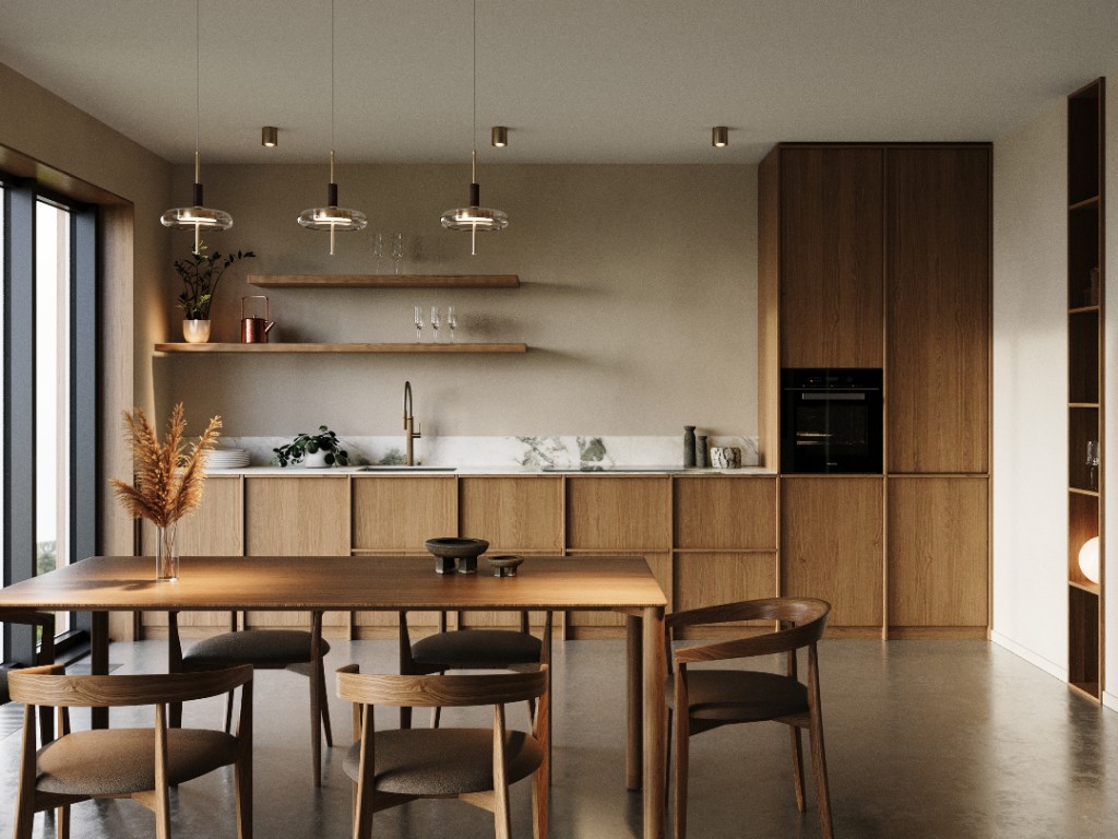 Pale Beam — oak kitchen with marble splash and dining