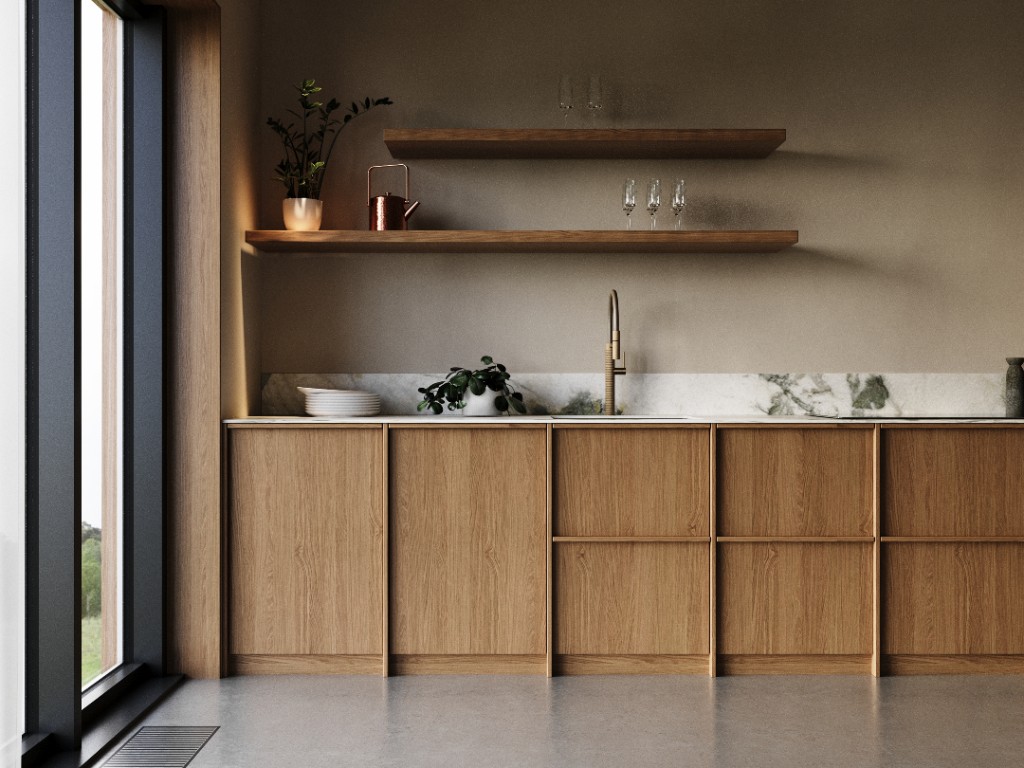 Pale Beam — light oak cabinetry and floating shelves