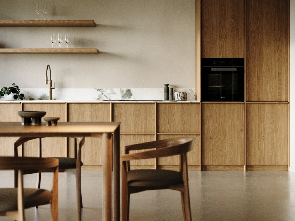Pale Beam — integrated oven in oak tall units