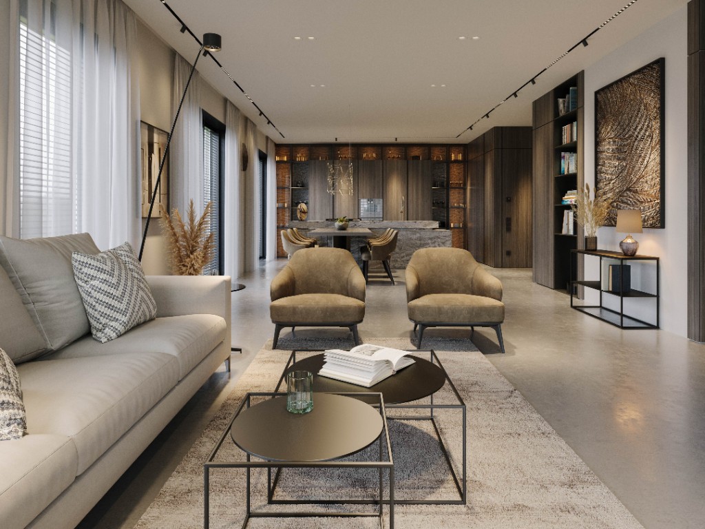 Shade Grove — open-plan living toward kitchen and dining
