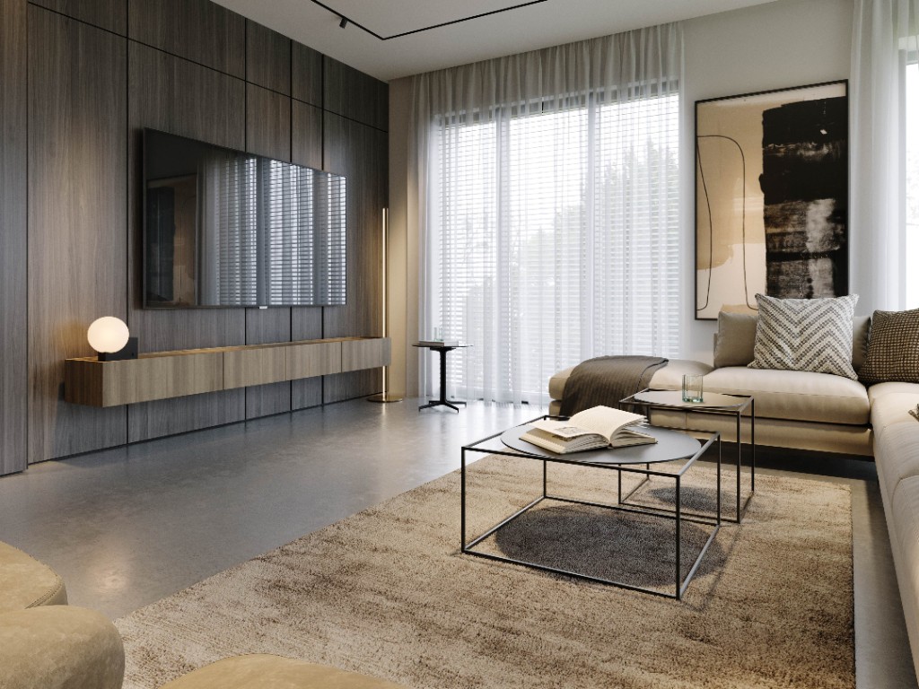 Shade Grove — living room with timber media wall