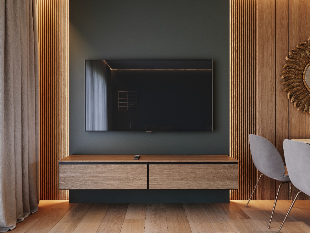 Sun Soft — oak media wall with backlit slats and sunburst mirror