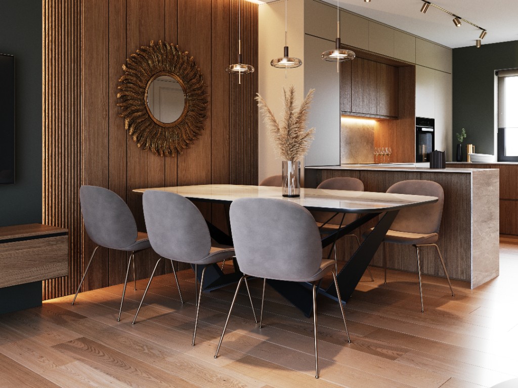 Sun Soft — dining table against dark timber slat wall