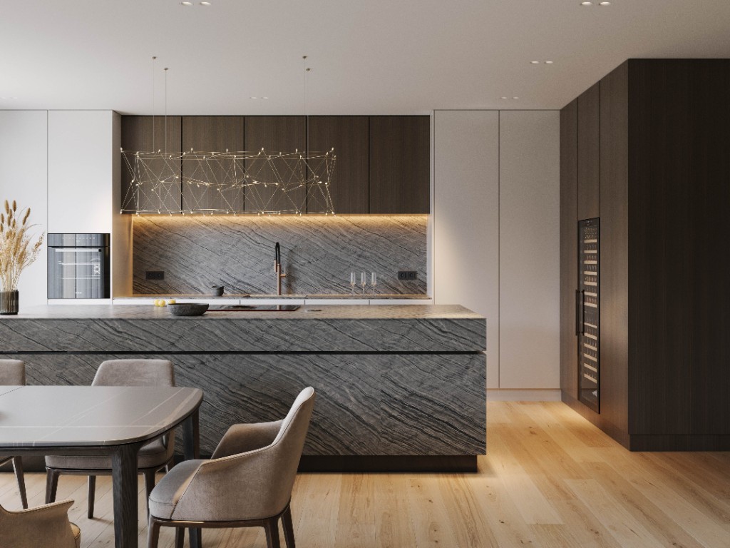 Vein Light — stone island, dining, and wine cabinet