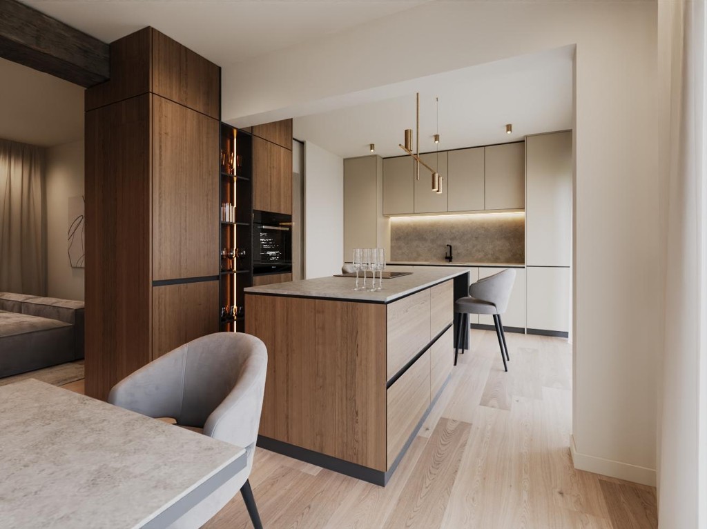 Warm Beam — kitchen island with timber cabinetry and stone