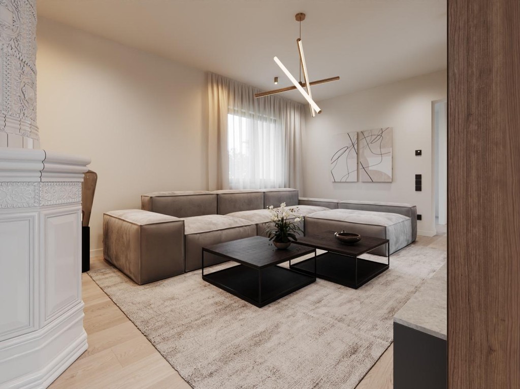 Warm Beam — living room with modular sofa and linear light