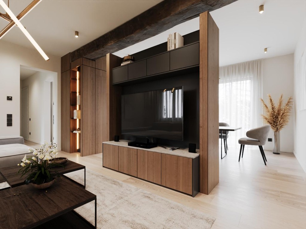Warm Beam — bespoke timber media partition